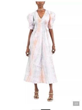 Puff-Sleeve V-Neck Maxi Dress — Soft Pink & White Abstract